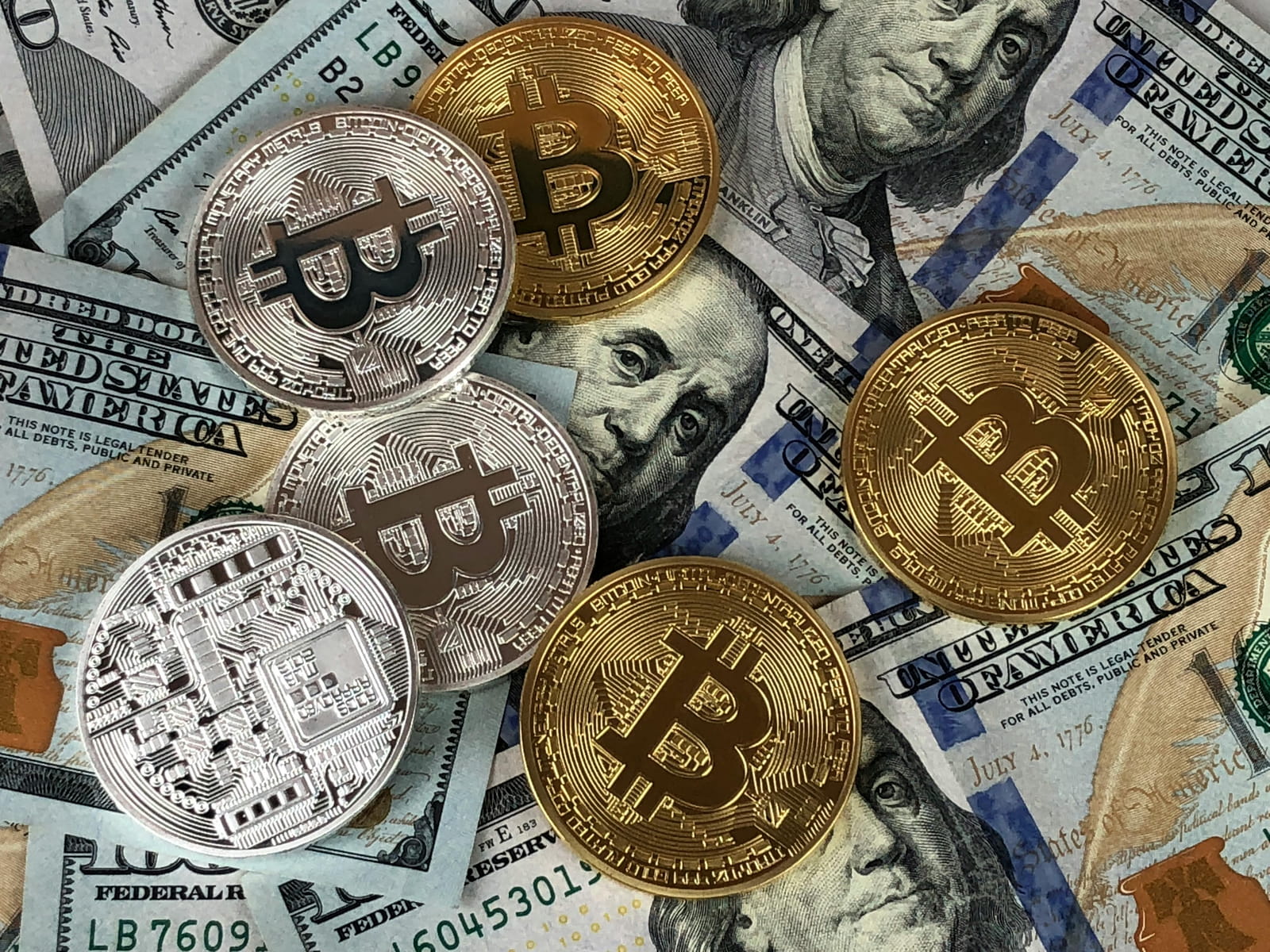 Bitcoin Coins Dollar Banknotes