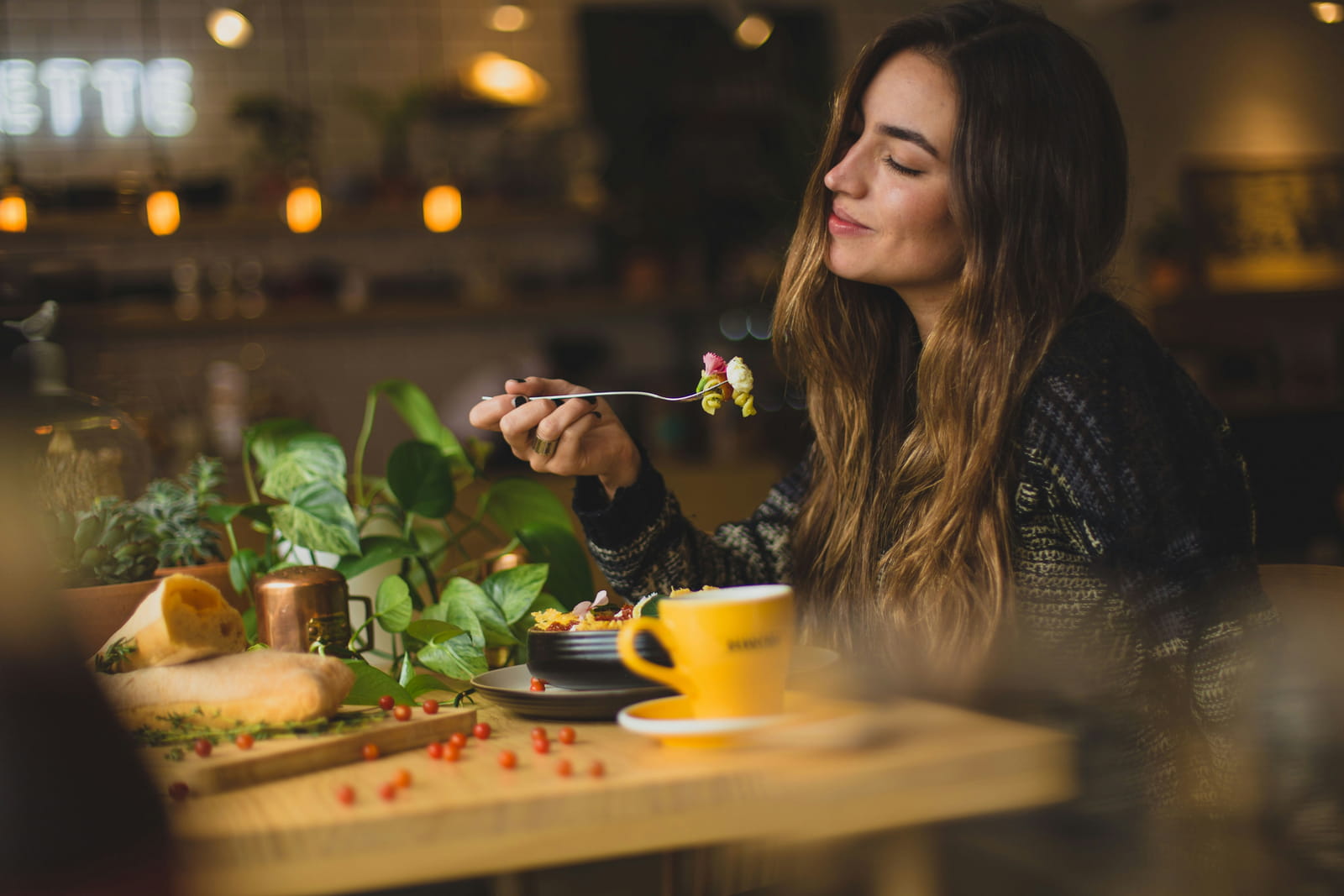 Restaurant Woman Enjoying Lunch